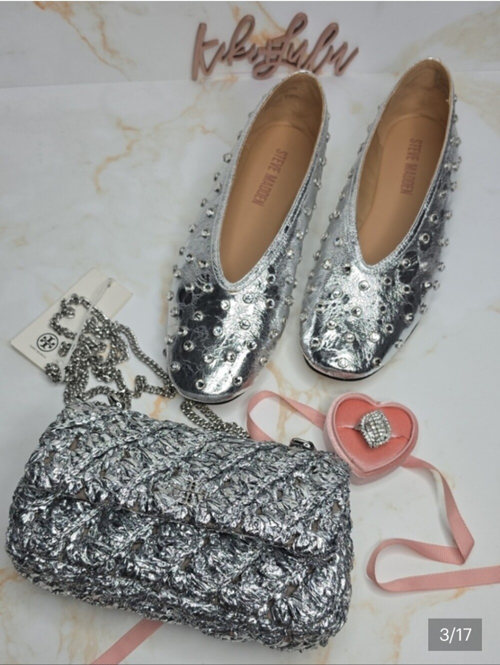Steve Madden Leni Silver Rhinestones Metalic Studded Ballet Flats Size 7 New